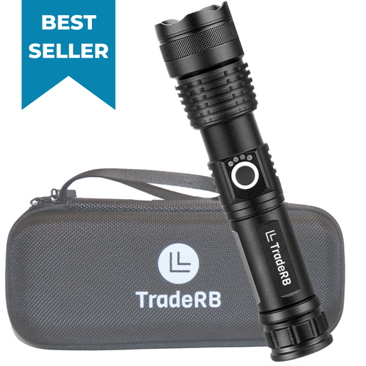 TradeRB® Militaire LED Zaklamp - USB Oplaadbaar - Inclusief Batterij & Opbergdoos - Zoomfunctie - Waterdicht - Telescopische Lens - 3000 Lumen - Aluminium - Zwart