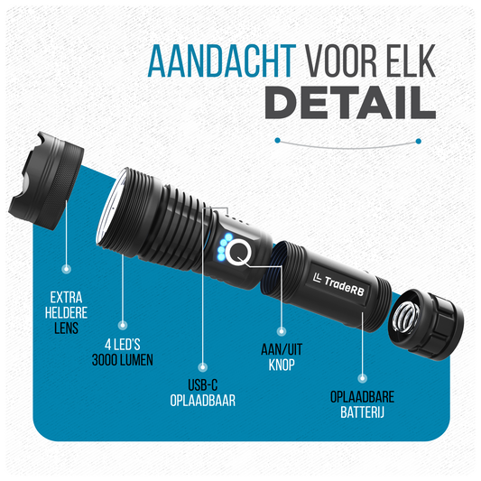 TradeRB® Militaire LED Zaklamp - USB Oplaadbaar - Inclusief Batterij & Opbergdoos - Zoomfunctie - Waterdicht - Telescopische Lens - 3000 Lumen - Aluminium - Zwart
