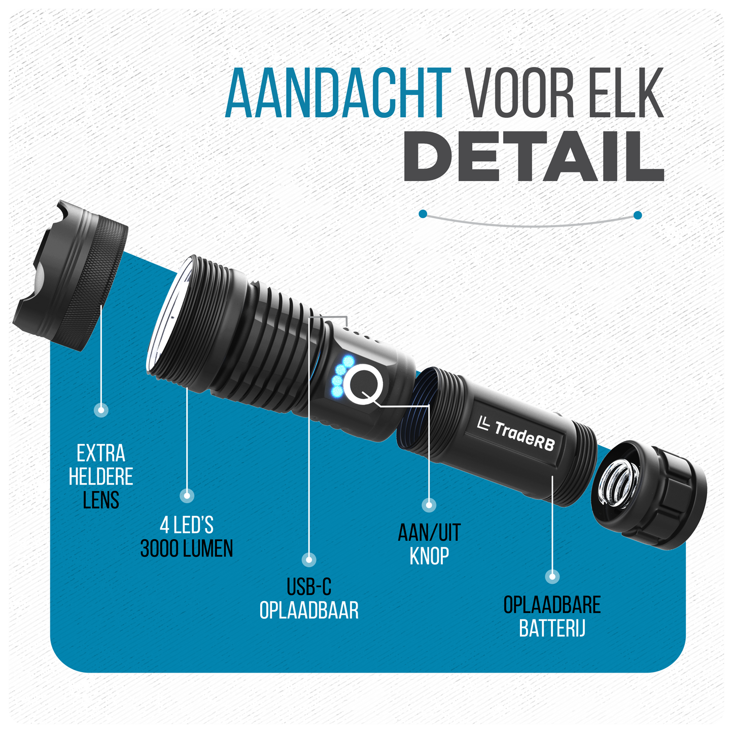 TradeRB® Militaire LED Zaklamp - USB Oplaadbaar - Inclusief Batterij & Opbergdoos - Zoomfunctie - Waterdicht - Telescopische Lens - 3000 Lumen - Aluminium - Zwart