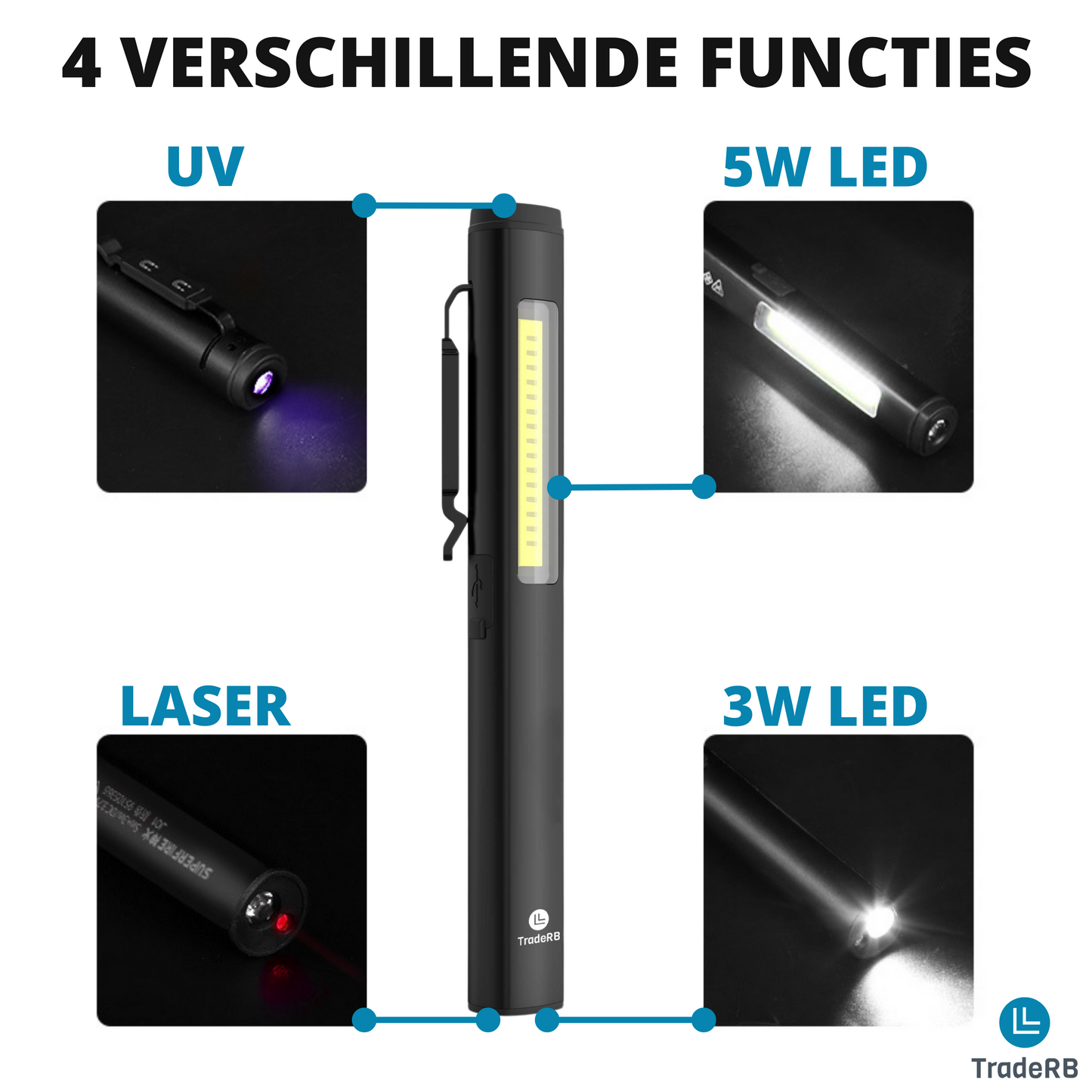 TradeRB® Multifunctionele Hoogwaardige 4 in 1 Laserpen - USB Oplaadbaar - UV Lamp - LED Lamp - Kattenspeeltje - Werklamp - Looplamp